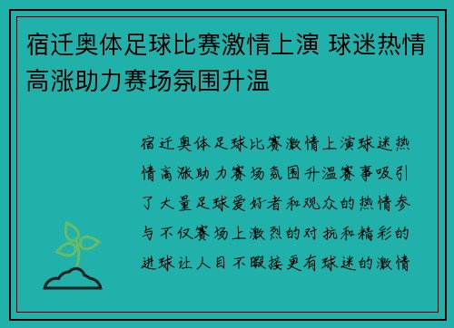 宿迁奥体足球比赛激情上演 球迷热情高涨助力赛场氛围升温