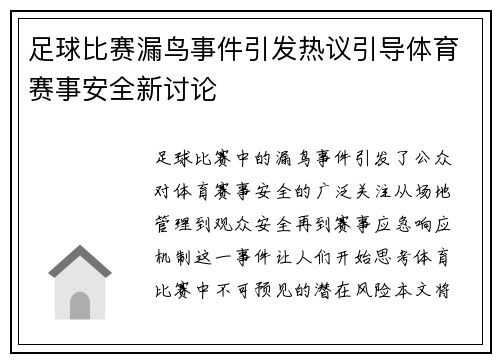 足球比赛漏鸟事件引发热议引导体育赛事安全新讨论